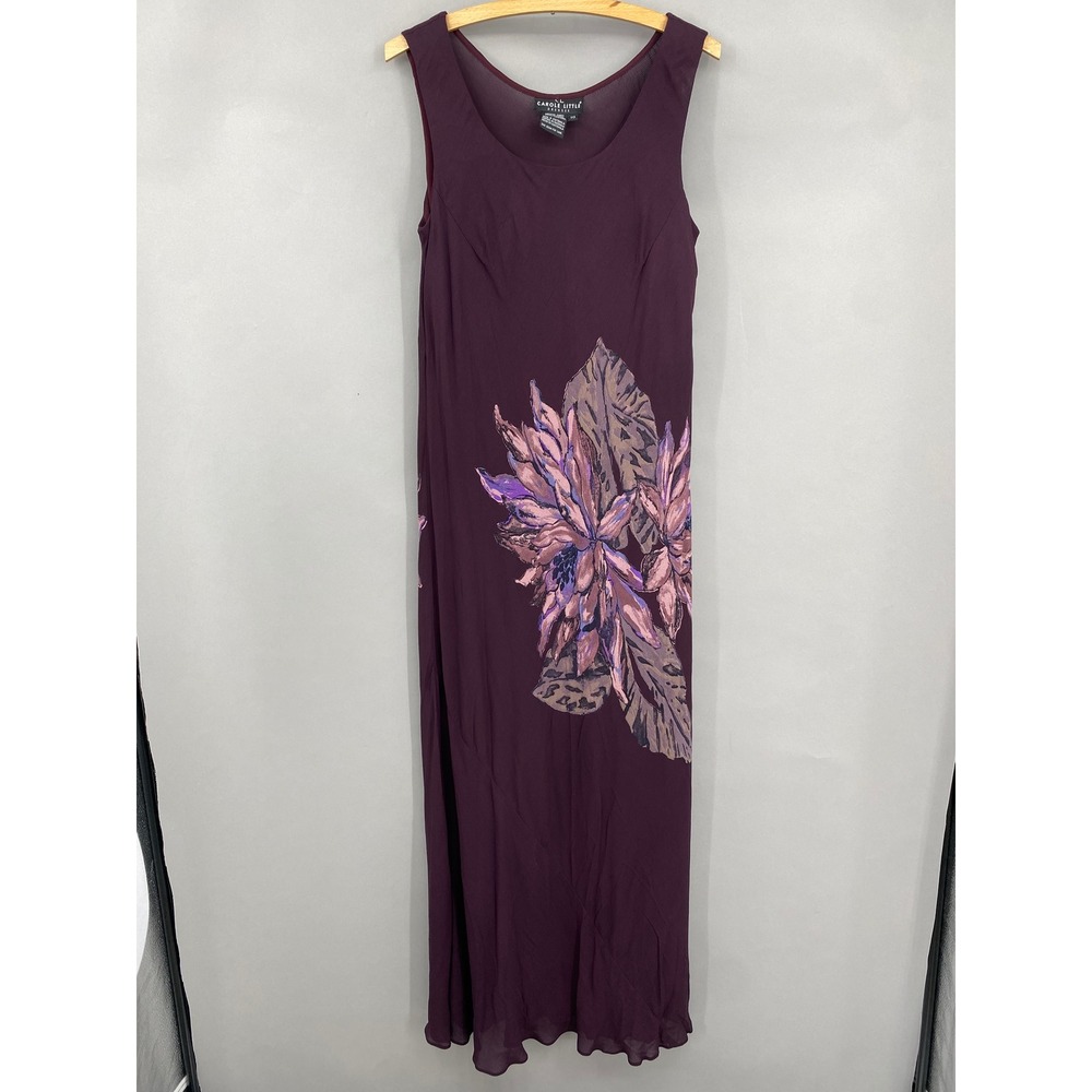 Vtg 90s Carole Little Floral Maxi Dress Womens Size 10 Purple Sleeveless Chiffon